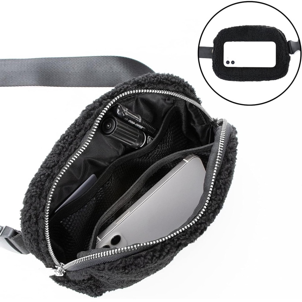 Fleece belt bag women sherpa crossbody waist bag adjustable strap black - Picture 5 of 8